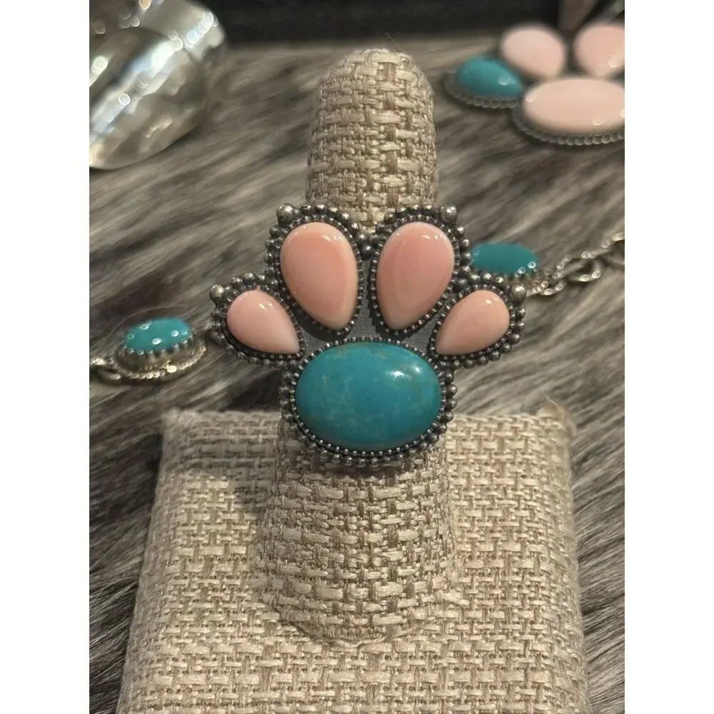 925 Southwest Sterling Silver Queen Pink Conch Turquoise Paw Cluster Ring💗Sz 7